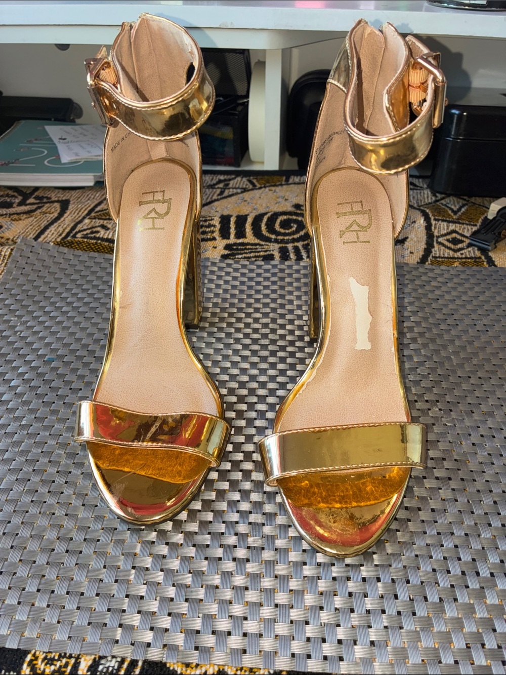 FRH Metallic Gold Ankle-Strap Block Heels